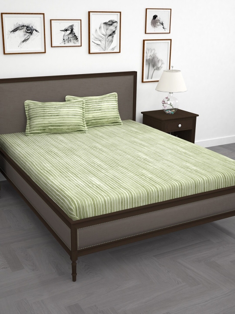 

Story@home Green & White Striped 210 TC Cotton 1 King Bedsheet with 2 Pillow Covers