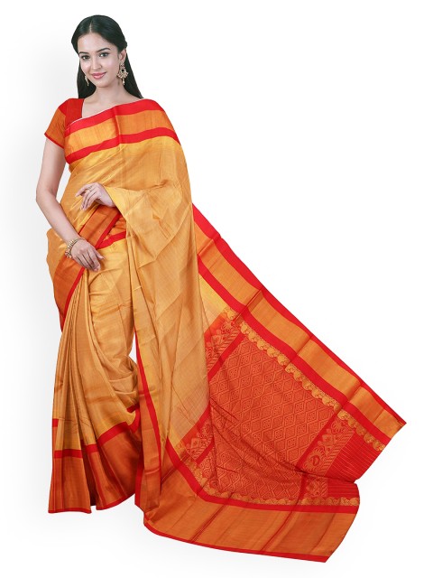 

APCO Beige & Red Silk Cotton Solid Chirala Sustainable Saree