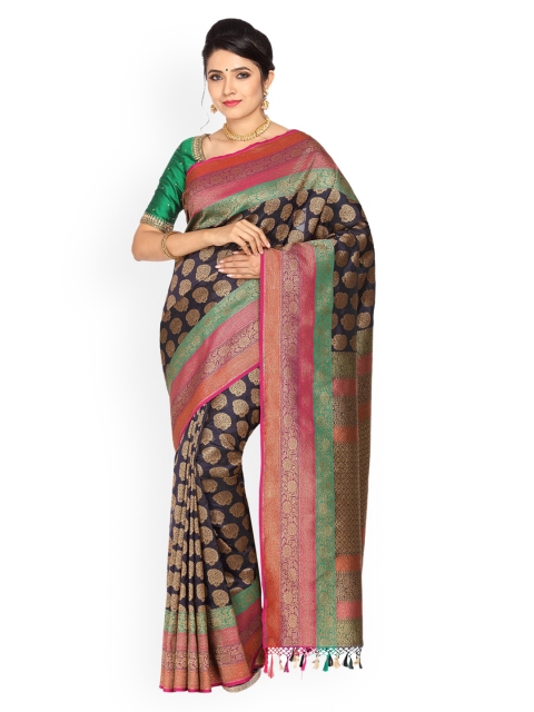 

Vijayalakshmi Silks Black & Green Poly Silk Striped Banarasi Saree
