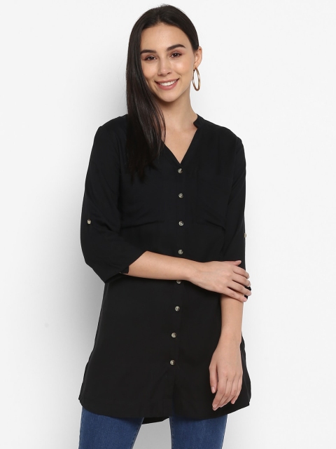 

FOSH Women Black Solid Shirt Style Longline Top