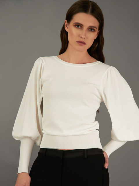 

COVER STORY by KARL LAGERFELD Women White Solid Pullover Sweater