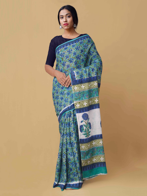

Unnati Silks Sea Green Printed Handloom Pure Cotton Saree