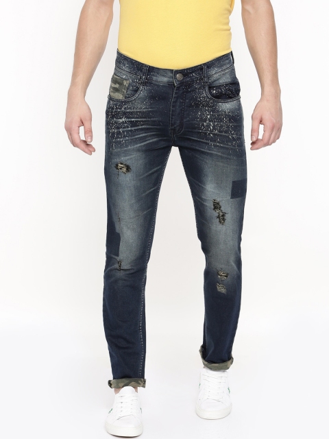 

CINOCCI Men Blue Slim Fit Mildly Distressed Printed Jeans