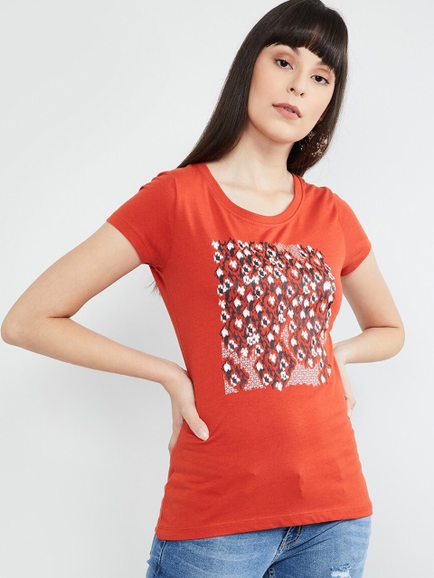 

max Women Orange Printed Round Neck T-shirt