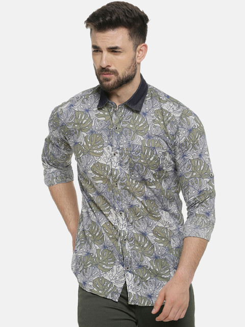 Campus Sutra Men Olive Green & Blue Regular Fit Printed Casual Shirt
