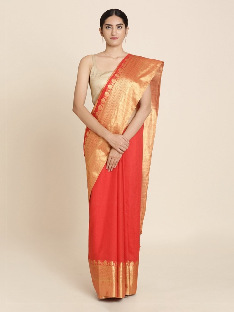 

Koskii Red & Gold-Coloured Brocade Solid Saree