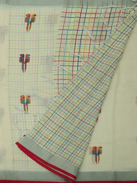 

Pothys Cream-Coloured Checked Linen Cotton Saree