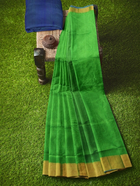

APCO Green & Blue Silk Cotton Solid Chirala Saree