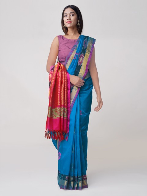 

Unnati Silks Blue & Pink Handloom Silk Cotton Woven Design Kanjeevaram Saree