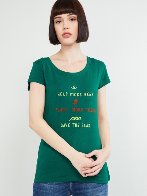

max Women Green Printed Round Neck T-shirt