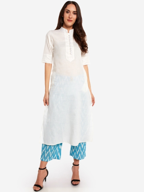 

Desi Weavess Women White & Blue Solid Kurti with Palazzos