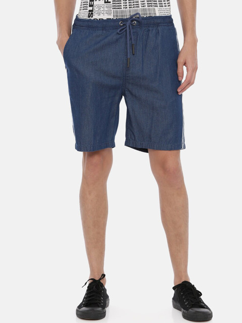 

Breakbounce Men Navy Blue Solid Slim Fit Denim Shorts With Side Stripes