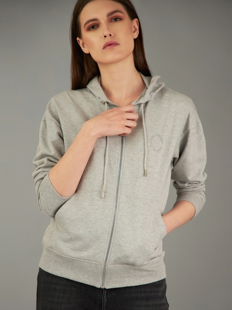 

COVER STORY by KARL LAGERFELD Women Grey Solid Hooded Sweatshirt