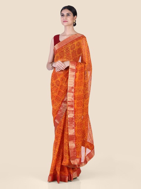 

Hastakala Orange Printed Pure Georgette Saree