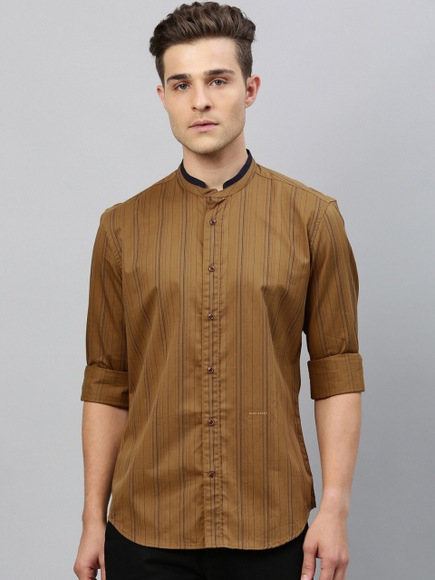 

RARE RABBIT Men Mustard Brown & Coffee Brown Regular Fit Striped Casual Shirt