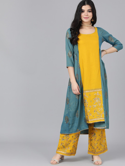 

AKS Women Mustard Yellow & Blue Floral Embroidered Kurta with Palazzos & Jacket