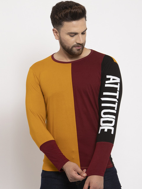 

KATSO Men Mustard Yellow Colourblocked Round Neck T-shirt