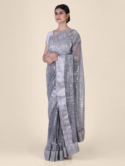 

Hastakala Grey & Silver-Coloured Embroidered Pure Georgette Saree