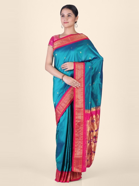 KAJREE Blue & Pink Pure Silk Handloom Woven Design Paithani Saree
