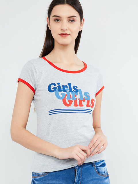 

max Women Grey Solid Round Neck T-shirt