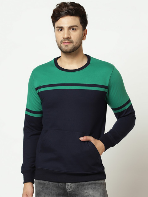 

ELEGANCE Men Navy Blue & Green Striped Sweatshirt