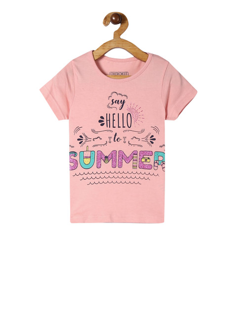 

Cherokee Girls Peach-Coloured & Black Printed Embellished Round Neck T-shirt