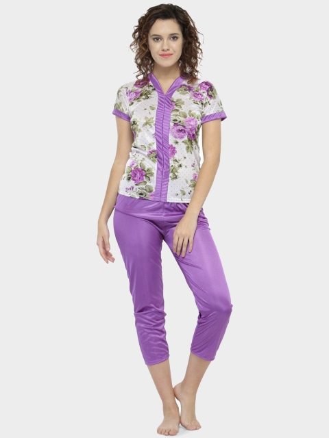 

N-Gal Women White & Purple Printed Night suit