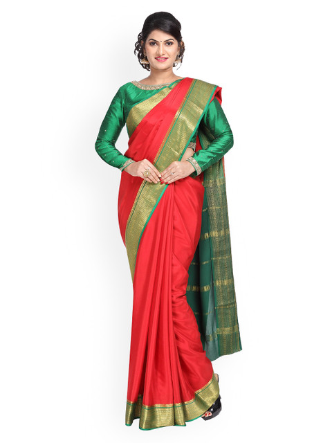 

Vijayalakshmi Silks Green & Red Pure Silk Solid Mysore Silk Saree