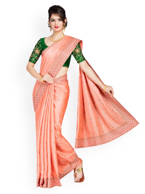 

Vijayalakshmi Silks Peach & Pink Pure Silk Embroidered Tussar Saree