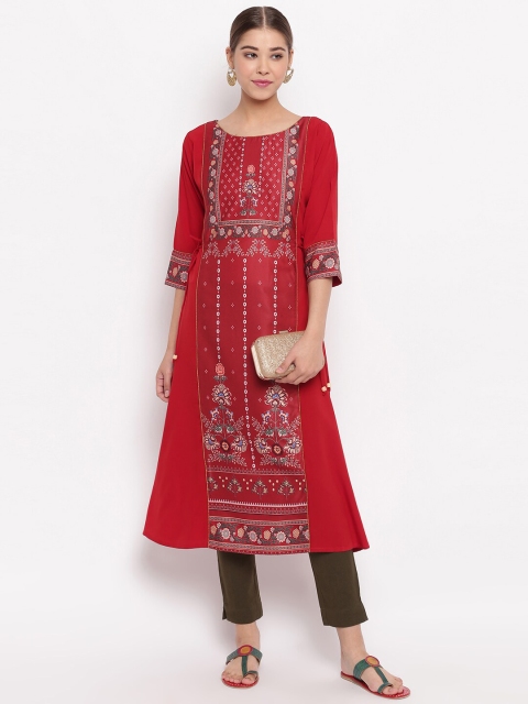 

Janasya Women Maroon Printed A-Line Kurta