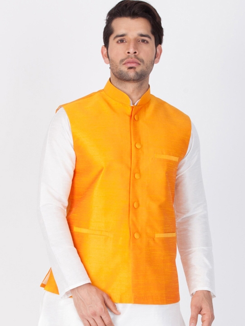 

VASTRAMAY Men Orange Solid Woven Nehru Jacket