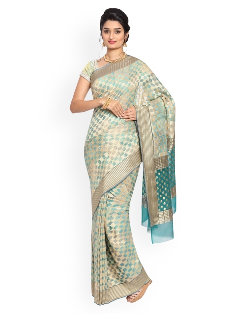 

Vijayalakshmi Silks Blue & White Pure Silk Checked Banarasi Saree