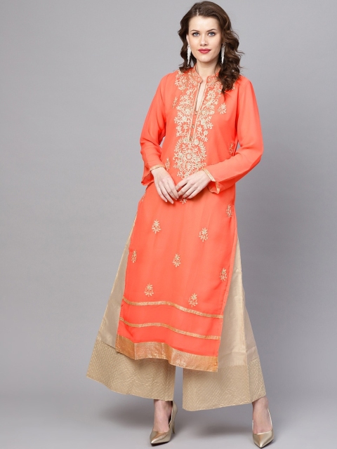 

ZOEYAMS Women Orange Embroidered Straight Kurta