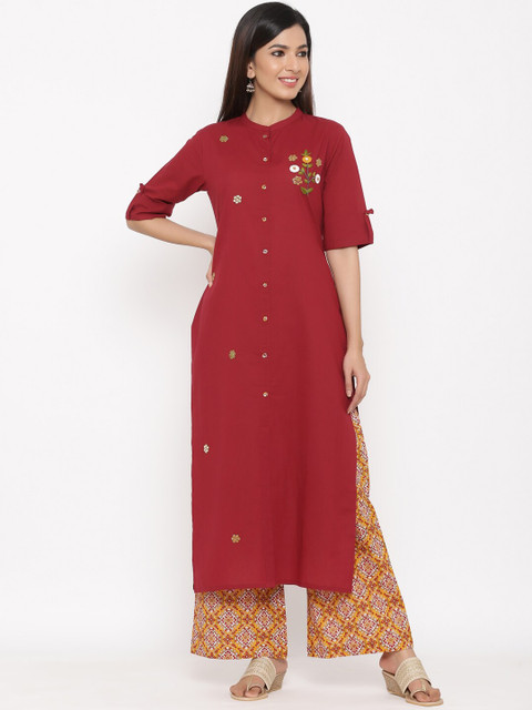 

kipek Women Maroon & Yellow Embroidered Kurta with Palazzos