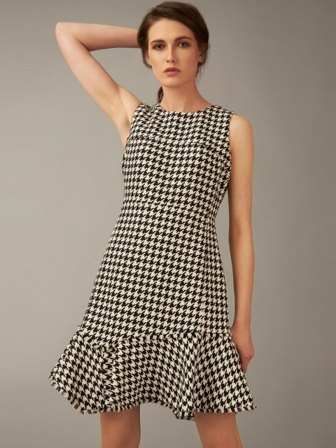 

COVER STORY by KARL LAGERFELD Women Black White Printed A-Line Dress