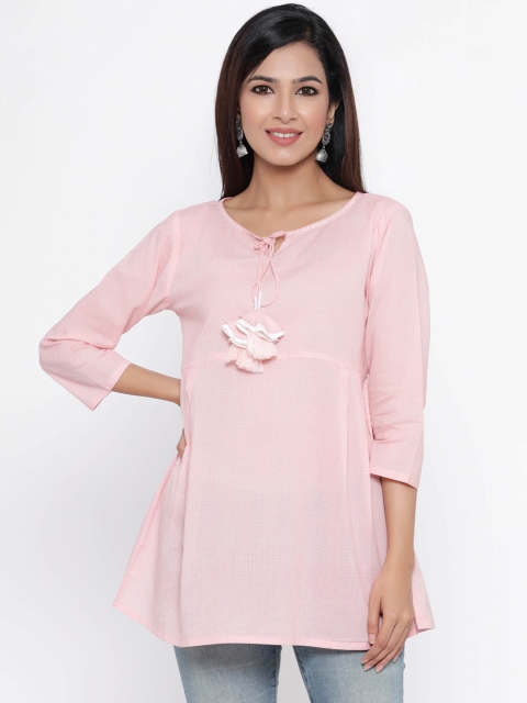 

Silai Bunai Women Pink Checked Pure Cotton A-Line Kurti