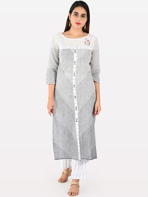Neerus Women Grey & White Solid Straight Kurta