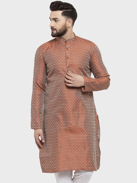 

Jompers Men Brown & Silver-Toned Woven Design Straight Kurta