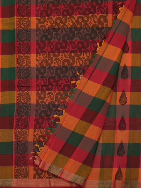 

Pothys Brown & Yellow Polycotton Checked Saree