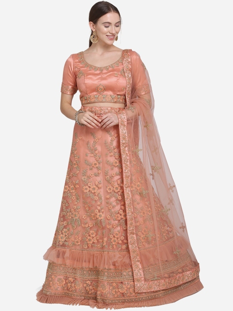 

VRSALES Peach-Coloured Semi-Stitched Lehenga & Blouse with Dupatta