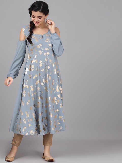 

AKS Couture Women Grey & Gold-Toned Printed Anarkali Kurta