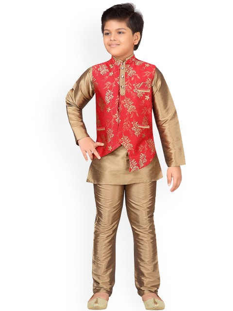 

ahhaaaa Boys Red & Gold-Colour Woven-Design Sherwani Set