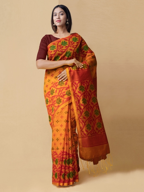 Unnati Silks Orange & Green Silk Cotton Printed Saree
