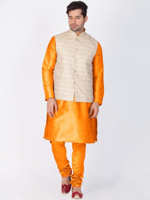 

VASTRAMAY Men Orange Solid Kurta with Churidar & Nehru Jacket