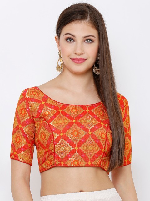 

SALWAR STUDIO Women Orange & Gold-Colour Woven-Design Brocade Readymade Saree Blouse