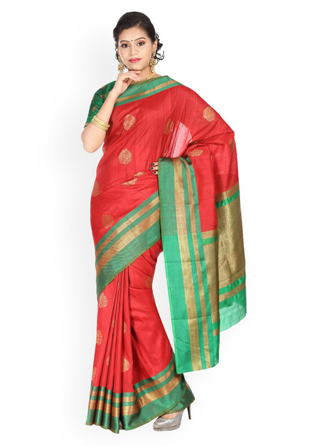 

Vijayalakshmi Silks Green & Red Pure Silk Woven Design Tussar Saree