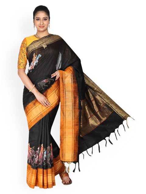 

Vijayalakshmi Silks Black & Gold-Toned Pure Silk Ethnic Motif Tussar Saree