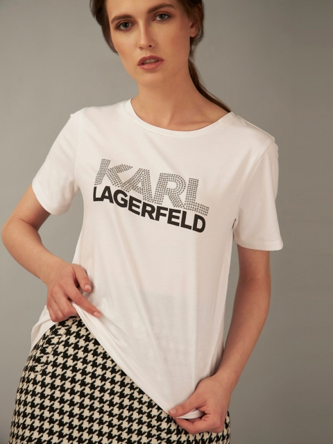 

COVER STORY by KARL LAGERFELD Women White Printed Round Neck T-shirt