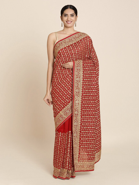 

Koskii Maroon & Gold-Coloured Art Silk Embroidered Saree