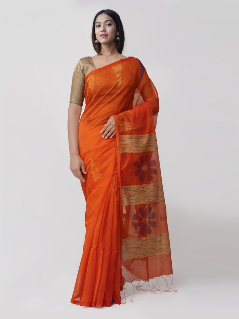 

Unnati Silks Orange & Gold-Toned Silk Cotton Woven Design Jamdani Saree